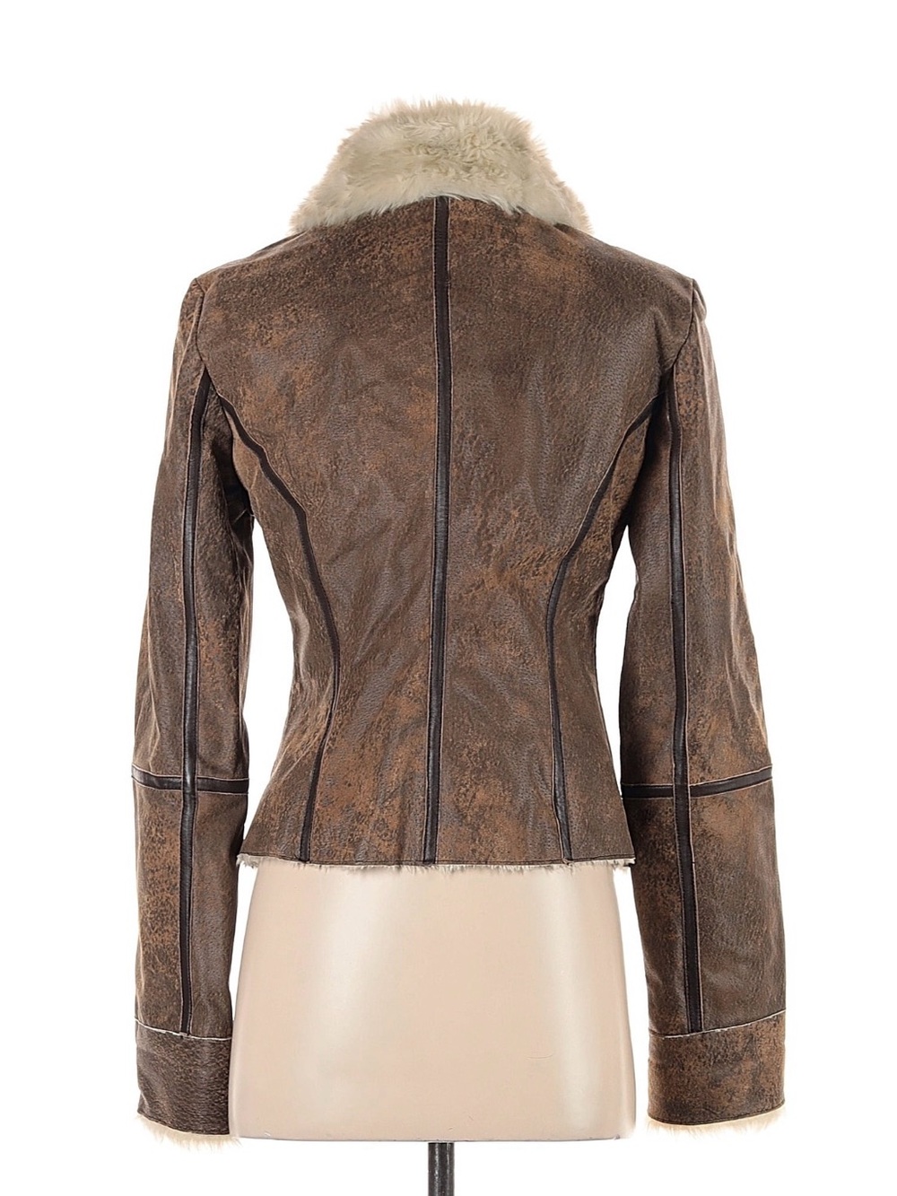 Vintage Express Brown Leather Jacket with Cream Faux-Shearling Collar - Picture 2 of 3